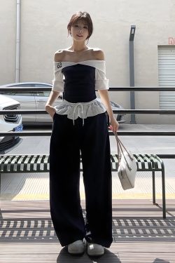 Korean-Style Color-Blocking One-Shoulder Sports Suit for Women, Summer Ruffled Hem Top & Curved Pants Two-Piece Set