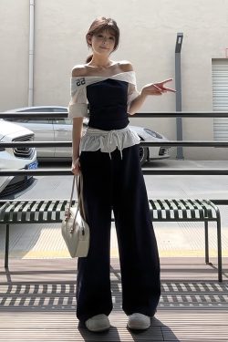 Korean-Style Color-Blocking One-Shoulder Sports Suit for Women, Summer Ruffled Hem Top & Curved Pants Two-Piece Set