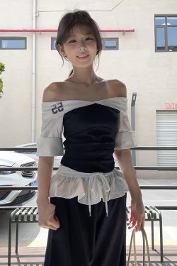 Korean-Style Color-Blocking One-Shoulder Sports Suit for Women, Summer Ruffled Hem Top & Curved Pants Two-Piece Set