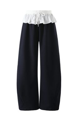 Korean-Style Color-Blocking One-Shoulder Sports Suit for Women, Summer Ruffled Hem Top & Curved Pants Two-Piece Set