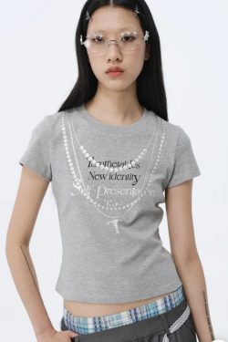 Korean Style Creative Pearl Necklace Slogan Short-Sleeved Slim-Fit High-Stretch Cotton T-Shirt