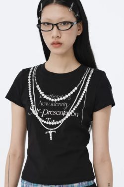 Korean Style Creative Pearl Necklace Slogan Short-Sleeved Slim-Fit High-Stretch Cotton T-Shirt
