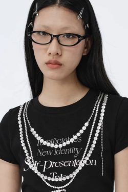 Korean Style Creative Pearl Necklace Slogan Short-Sleeved Slim-Fit High-Stretch Cotton T-Shirt