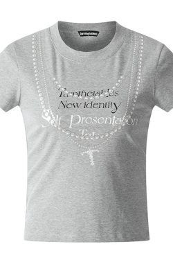 Korean Style Creative Pearl Necklace Slogan Short-Sleeved Slim-Fit High-Stretch Cotton T-Shirt