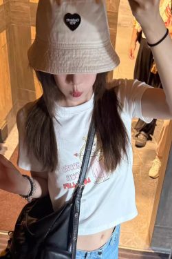 Korean Style Cupid Cartoon Print Off-Shoulder Cropped Slim-Fit Lightweight Cotton Short-Sleeve T-Shirt for Trendy Looks