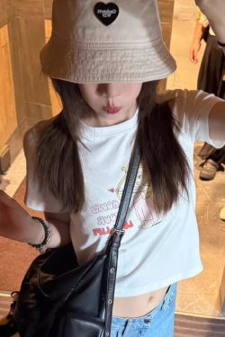 Korean Style Cupid Cartoon Print Off-Shoulder Cropped Slim-Fit Lightweight Cotton Short-Sleeve T-Shirt for Trendy Looks