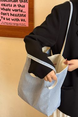 Korean Style Double-Sided Embroidered Canvas Shoulder Bag for Women - Large Capacity Casual Striped Tote for Commuting