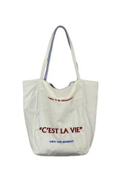 Korean Style Double-Sided Embroidered Canvas Shoulder Bag for Women - Large Capacity Casual Striped Tote for Commuting