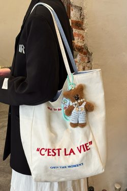 Korean Style Double-Sided Embroidered Canvas Shoulder Bag for Women - Large Capacity Casual Striped Tote for Commuting