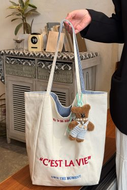 Korean Style Double-Sided Embroidered Canvas Shoulder Bag for Women - Large Capacity Casual Striped Tote for Commuting