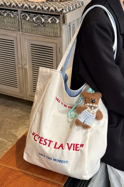 Korean Style Double-Sided Embroidered Canvas Shoulder Bag for Women - Large Capacity Casual Striped Tote for Commuting