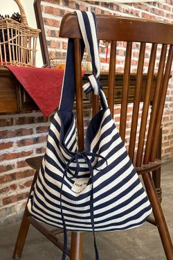 Korean Style Double-Sided Striped Canvas Tote Bag - Large Capacity Bow Shoulder Crossbody Bag for Casual Chic Looks