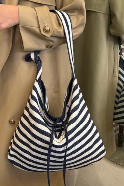 Korean Style Double-Sided Striped Canvas Tote Bag - Large Capacity Bow Shoulder Crossbody Bag for Casual Chic Looks