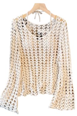 Korean Style Elegant Round Neck Hollow Out Long Sleeve Knitted Top with Built-In Padded Camisole - Summer Fashion Essential