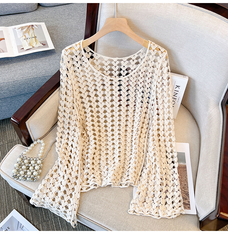 Korean Style Elegant Round Neck Hollow Out Long Sleeve Knitted Top with Built-In Padded Camisole - Summer Fashion Essential Korean Style Elegant Round Neck Hollow Out Long Sleeve Knitted Top with Built-In Padded Camisole - Summer Fashion Essential