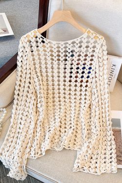 Korean Style Elegant Round Neck Hollow Out Long Sleeve Knitted Top with Built-In Padded Camisole - Summer Fashion Essential