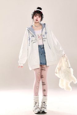 Korean-Style Embroidered Cardigan Hoodie for Women - Casual Loose Fit Spring Jacket, Trendy Age-Reducing Fashion