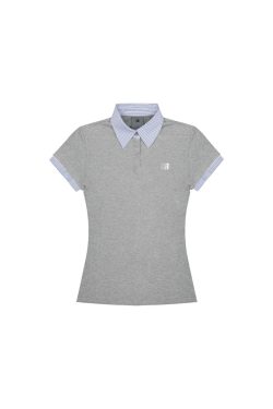 Korean Style Embroidered Polo Collar Short Sleeve T-Shirt for Women, Slim Fit Spliced Two-Piece Summer College Look