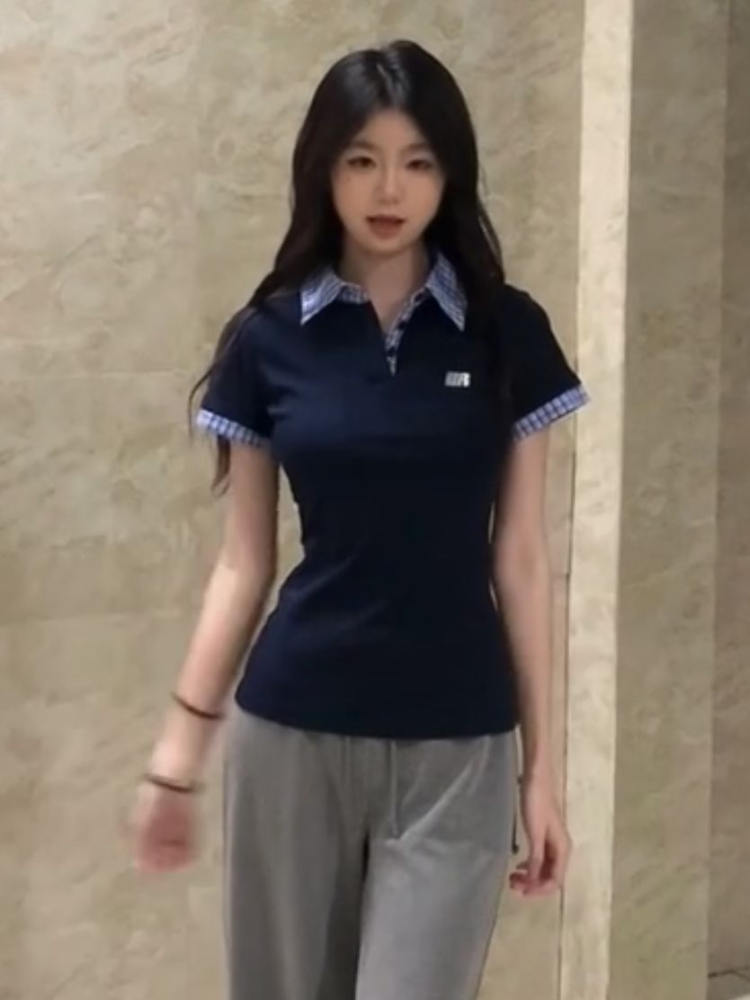 Korean Style Embroidered Polo Collar Short Sleeve T-Shirt for Women, Slim Fit Spliced Two-Piece Summer College Look Korean Style Embroidered Polo Collar Short Sleeve T-Shirt for Women, Slim Fit Spliced Two-Piece Summer College Look