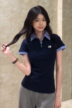 Korean Style Embroidered Polo Collar Short Sleeve T-Shirt for Women, Slim Fit Spliced Two-Piece Summer College Look