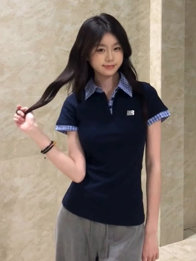 Korean Style Embroidered Polo Collar Short Sleeve T-Shirt for Women, Slim Fit Spliced Two-Piece Summer College Look Korean Style Embroidered Polo Collar Short Sleeve T-Shirt for Women, Slim Fit Spliced Two-Piece Summer College Look