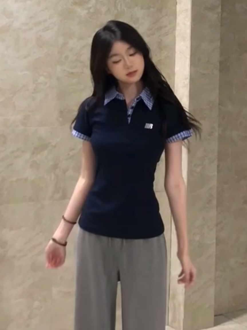Korean Style Embroidered Polo Collar Short Sleeve T-Shirt for Women, Slim Fit Spliced Two-Piece Summer College Look Korean Style Embroidered Polo Collar Short Sleeve T-Shirt for Women, Slim Fit Spliced Two-Piece Summer College Look