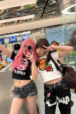 Korean Style Fun Fries Cartoon Print Slim Fit Cotton Top for Spicy Girls - High Elastic Short Sleeve Shirt