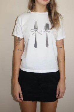 Korean Style Fun Print Bowknot Short-Sleeved Slim-Fit High-Stretch Cotton T-Shirt for Casual Wear