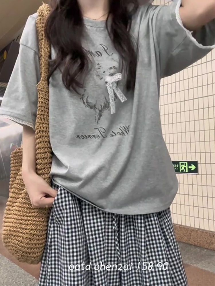 Korean-Style Gray Short Sleeve T-Shirt with Lace Spliced Unique Shoulders - Trendy Summer 2025 Women's Internet Celebrity Top Korean-Style Gray Short Sleeve T-Shirt with Lace Spliced Unique Shoulders - Trendy Summer 2025 Women's Internet Celebrity Top