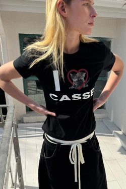 Korean Style Heart Cat Cartoon Print Slim Fit Pure Cotton High Stretch Short Sleeve T-Shirt for Women