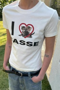 Korean Style Heart Cat Cartoon Print Slim Fit Pure Cotton High Stretch Short Sleeve T-Shirt for Women