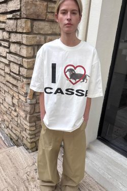 Korean Style Heart-Shaped Sausage Dog Cartoon Print Casual Loose Cotton Short Sleeve T-Shirt Top for Everyday Wear