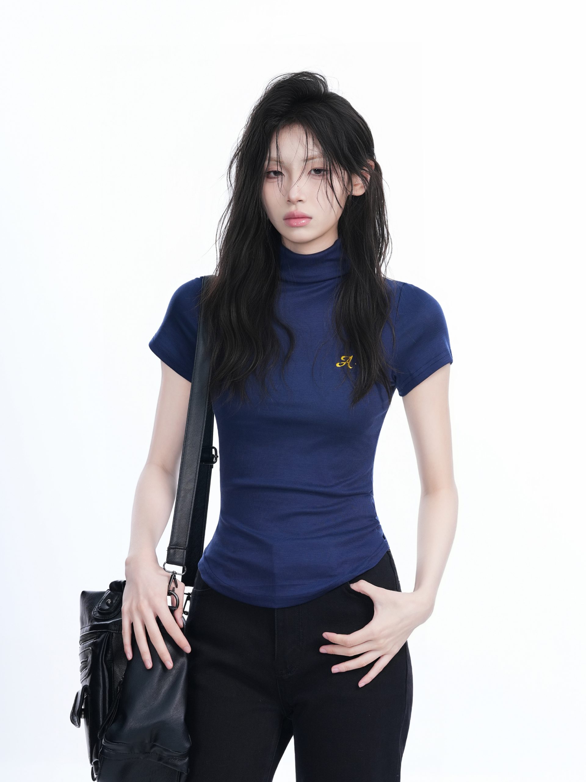 Korean-Style High-Neck Embroidered Short Sleeve T-Shirt for Women – Trendy Fitted Top for Spicy Y2K Fashion Lovers Korean-Style High-Neck Embroidered Short Sleeve T-Shirt for Women – Trendy Fitted Top for Spicy Y2K Fashion Lovers