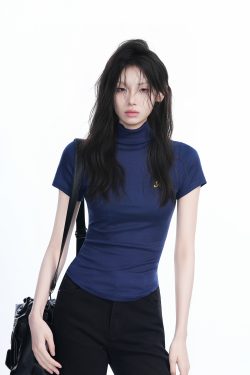 Korean-Style High-Neck Embroidered Short Sleeve T-Shirt for Women – Trendy Fitted Top for Spicy Y2K Fashion Lovers