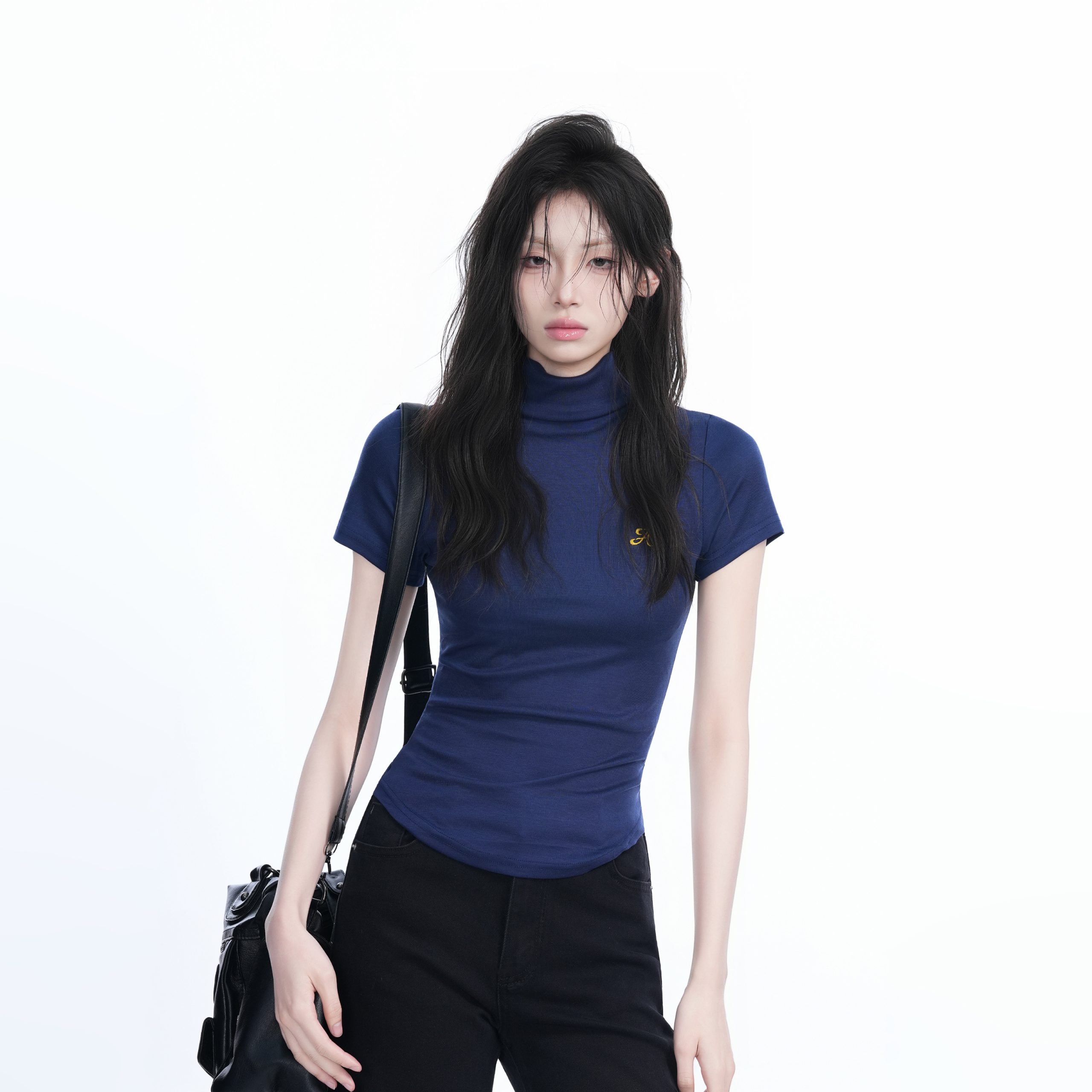 Korean-Style High-Neck Embroidered Short Sleeve T-Shirt for Women – Trendy Fitted Top for Spicy Y2K Fashion Lovers Korean-Style High-Neck Embroidered Short Sleeve T-Shirt for Women – Trendy Fitted Top for Spicy Y2K Fashion Lovers