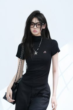 Korean-Style High-Neck Embroidered Short Sleeve T-Shirt for Women – Trendy Fitted Top for Spicy Y2K Fashion Lovers