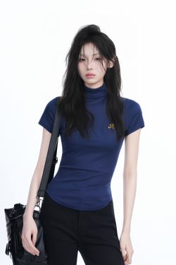 Korean-Style High-Neck Embroidered Short Sleeve T-Shirt for Women – Trendy Fitted Top for Spicy Y2K Fashion Lovers