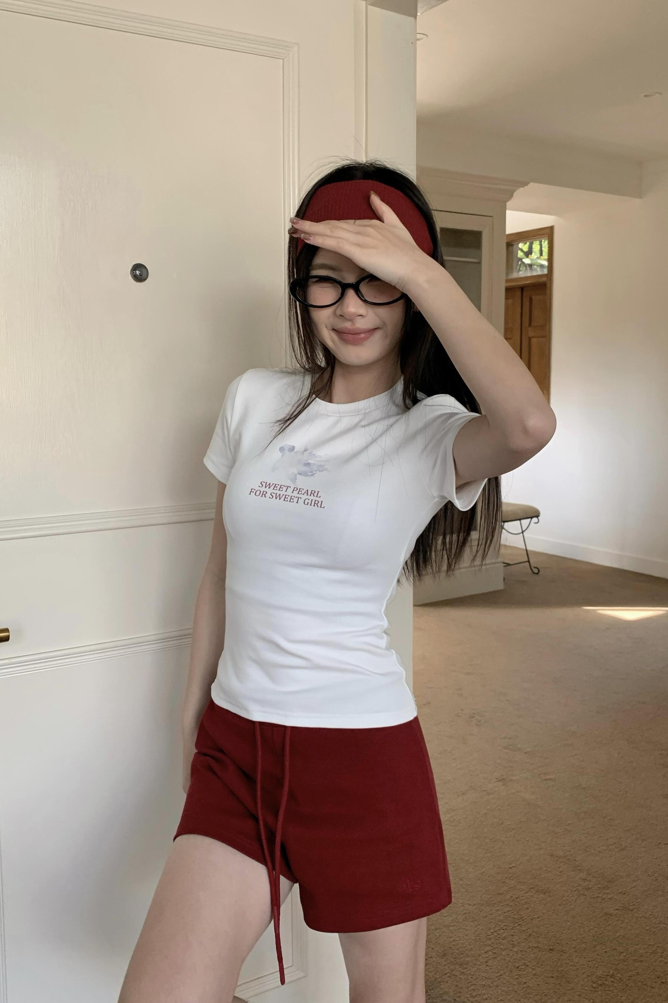 Korean Style Ink Wash Printed Short-Sleeve Fitted Slim Pure Cotton High-Stretch Trendy T-Shirt for Women