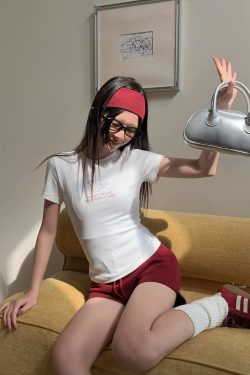 Korean Style Ink Wash Printed Short-Sleeve Fitted Slim Pure Cotton High-Stretch Trendy T-Shirt for Women