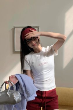 Korean Style Ink Wash Printed Short-Sleeve Fitted Slim Pure Cotton High-Stretch Trendy T-Shirt for Women