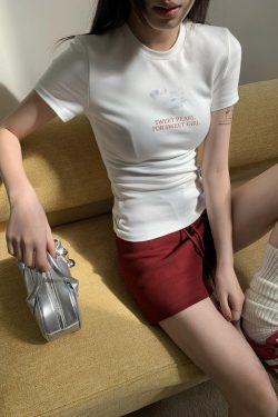 Korean Style Ink Wash Printed Short-Sleeve Fitted Slim Pure Cotton High-Stretch Trendy T-Shirt for Women