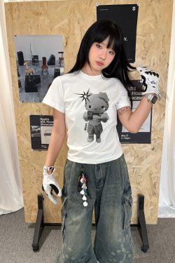 Korean Style Kitty Cartoon Print Fitted Cotton Fitness Top - High Elastic Slim Short Sweet Girl's Tee