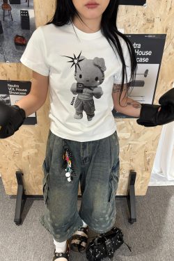 Korean Style Kitty Cartoon Print Fitted Cotton Fitness Top - High Elastic Slim Short Sweet Girl's Tee
