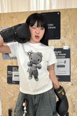 Korean Style Kitty Cartoon Print Fitted Cotton Fitness Top - High Elastic Slim Short Sweet Girl's Tee