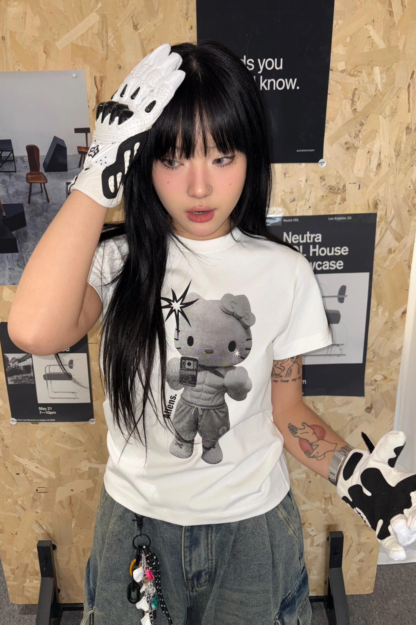 Korean Style Kitty Cartoon Print Fitted Cotton Fitness Top - High Elastic Slim Short Sweet Girl's Tee