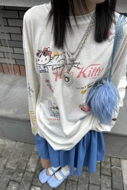 Korean Style Kitty Cat Print Casual Loose Long Sleeve Cotton Shirt for Women - Versatile Everyday Top