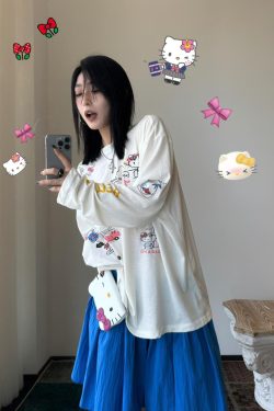 Korean Style Kitty Cat Print Casual Loose Long Sleeve Cotton Shirt for Women - Versatile Everyday Top