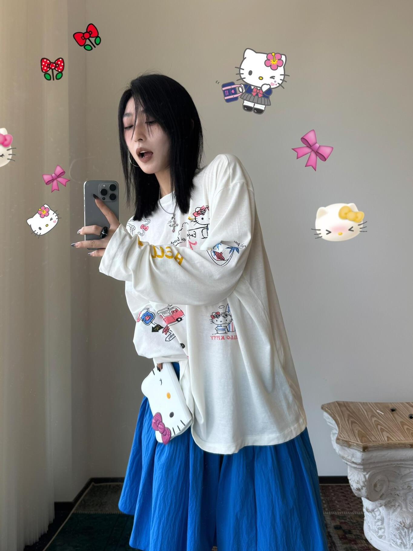 Korean Style Kitty Cat Print Casual Loose Long Sleeve Cotton Shirt for Women - Versatile Everyday Top Korean Style Kitty Cat Print Casual Loose Long Sleeve Cotton Shirt for Women - Versatile Everyday Top