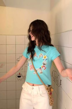 Korean Style Kitty Collar Printed Short Slim-Fit Cotton Short Sleeve Top for Sweet Girls