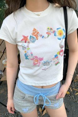 Korean Style Kitty Collar Printed Short Slim-Fit Cotton Short Sleeve Top for Sweet Girls